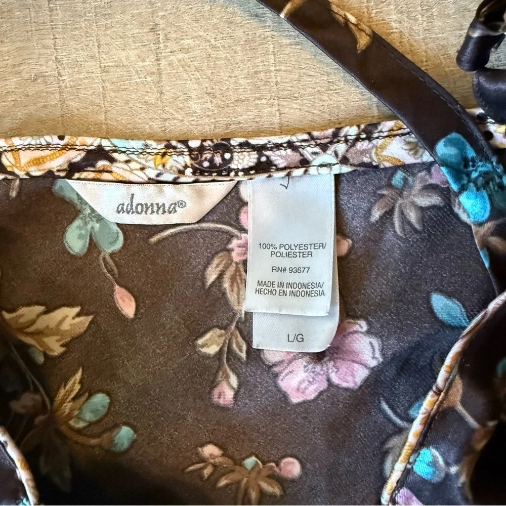 VTG Adonna chocolate Brown Floral satin slip Dress tie front back size large Y2K